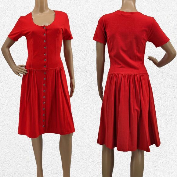 Vintage 1990s Liz Claiborne Shirt Dress Red Pockets Drop Waist Size Petite XS - Picture 1 of 9